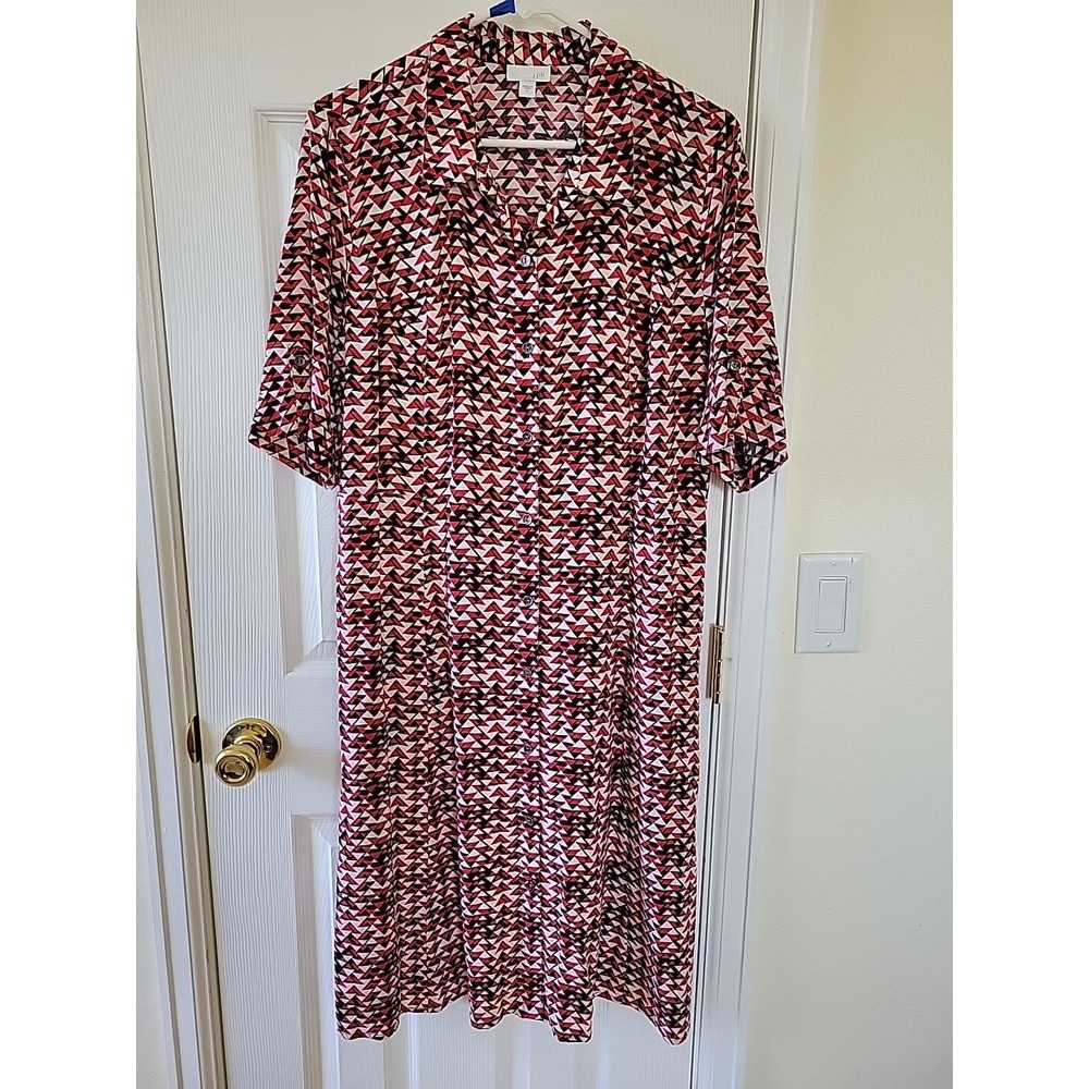 J.Jill Shirt Dress Size 12 Red White Black‎ Geometric Print Midi Button Up Belt
